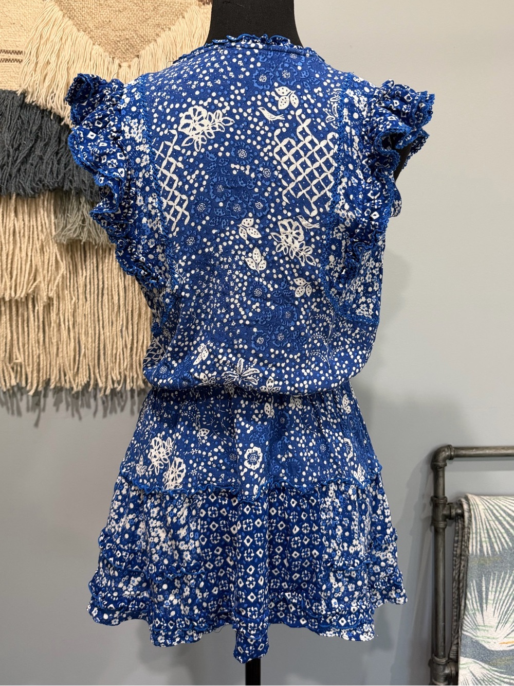 Poupette St. Barth Blue Floral Ruffle Mini Dress Cover-Up White Print XS Resort - Picture 4 of 6